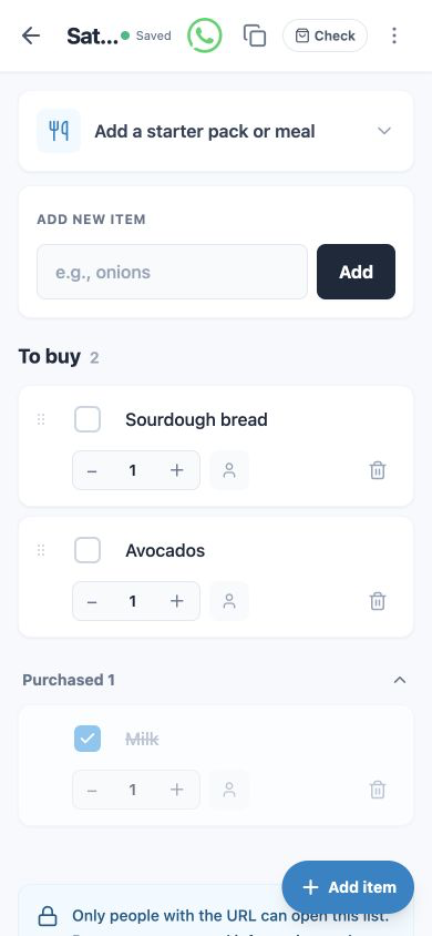 A live OtsukaiMemo shopping list with shared items and the WhatsApp share button