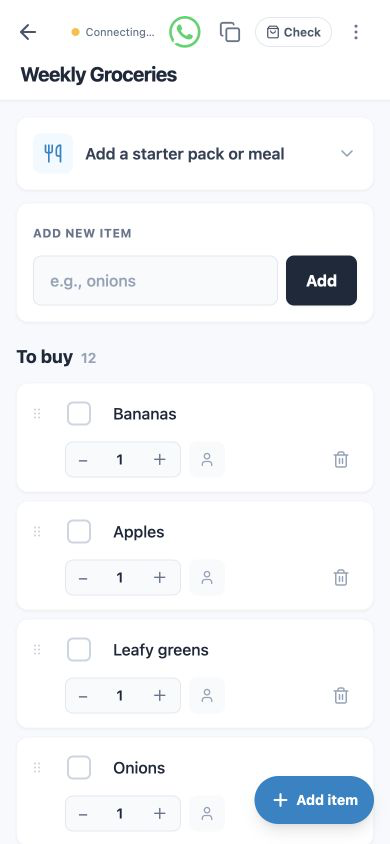 English OtsukaiMemo live list with grocery items ready to share